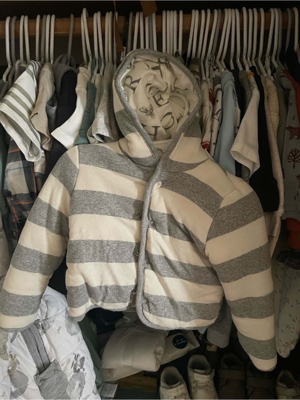 Burt’s Bees Striped Hooded Baby Jacket in Gray & Cream